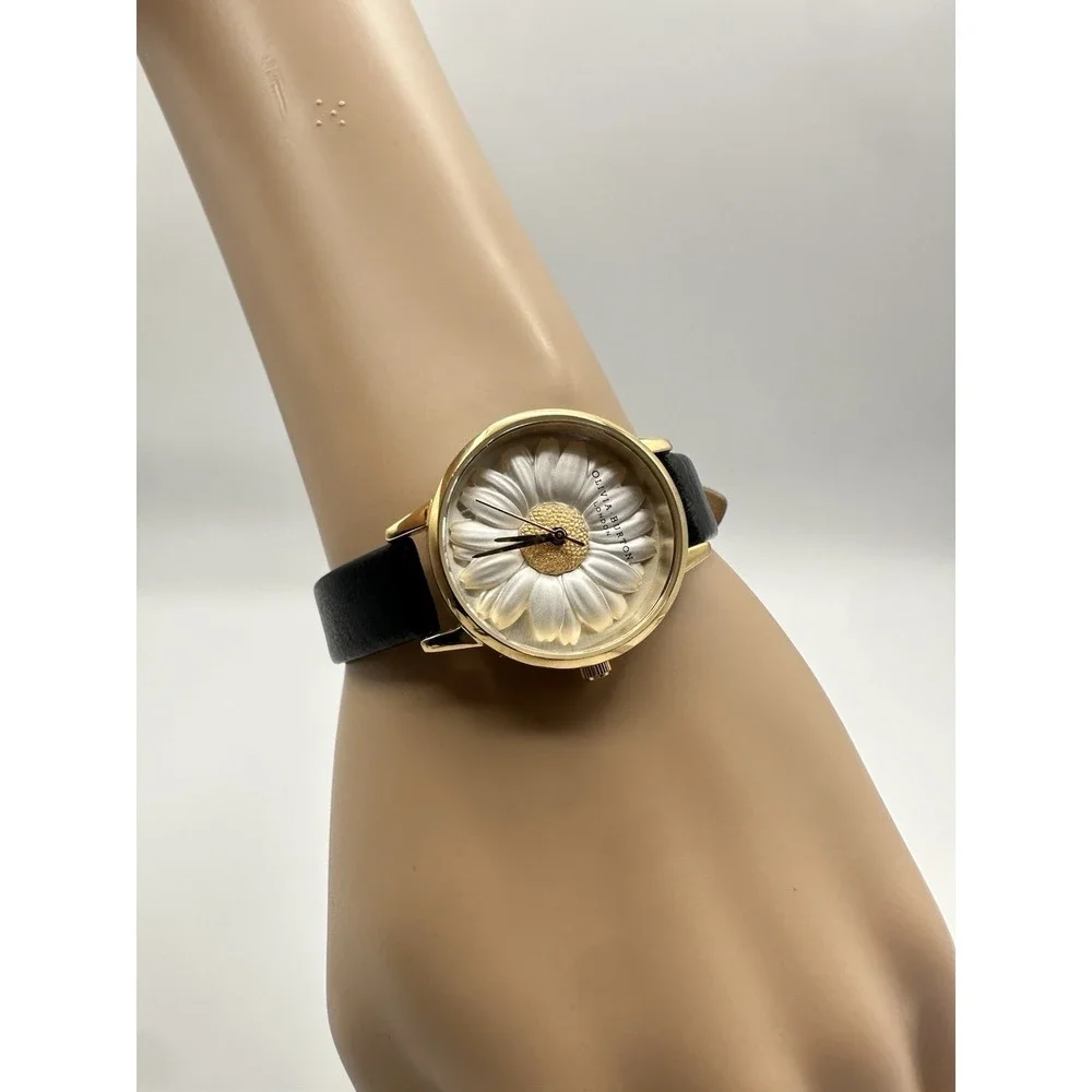 Olivia Burton London Daisy Flower Gold Tone Woman's Watch Black Strap OB15EG38